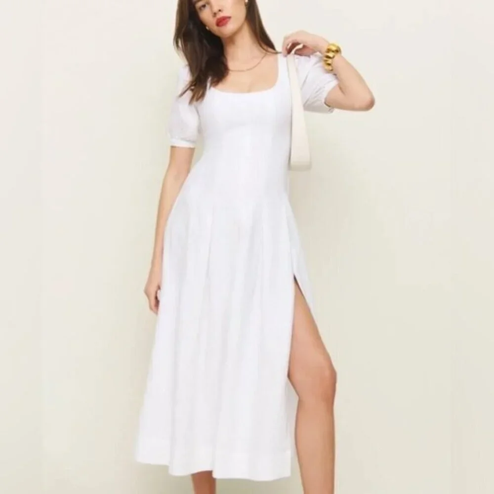 NEW Reformation Coucou Midi Linen Dress Puff Sleeves White | US 4 UK 8 - Picture 4 of 12